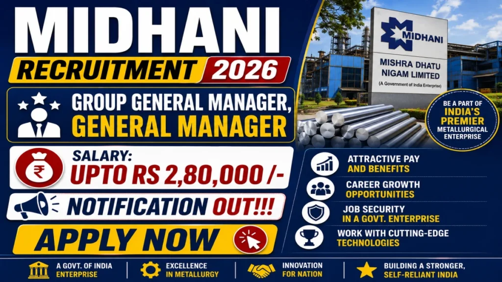 MIDHANI Recruitment 2026 – Apply Offline for Group General Manager, General Manager Posts